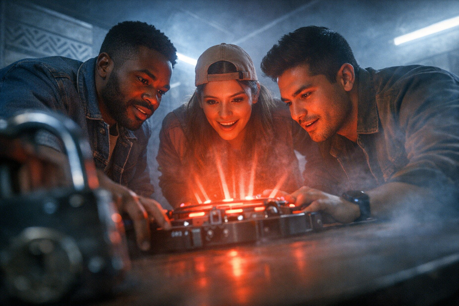 Cinematic photorealistic scene inside an immersive escape room in Bogotá at night. Three diverse friends in their 20s–30s collaborate mid-puzzle, focu